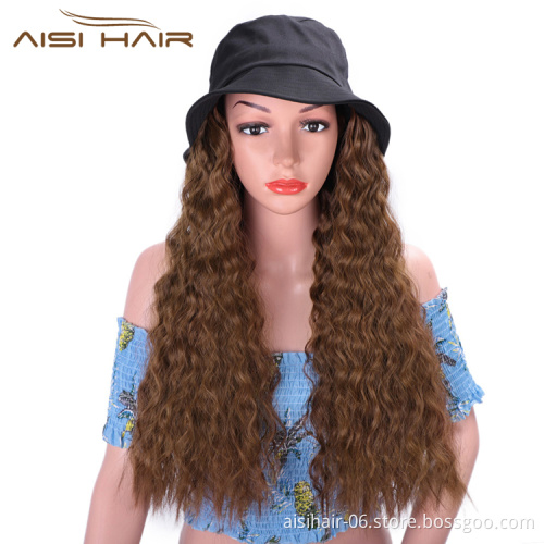Aisi Hair Long Water Wave Outdoor Hat Knit Slouchy Party Hat Synthetic Light Brown Fiber Hair Extension With Black Cap For Women